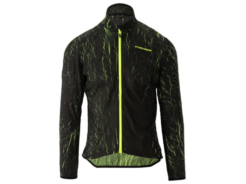 Kurtka rowerowa KROSS Ether (rozmiar M) Czarno-zielony kurtka na białym tle widoczna od przodu przejażdżka rowerowa ochrona komfort jazda na rowerze pasja sport