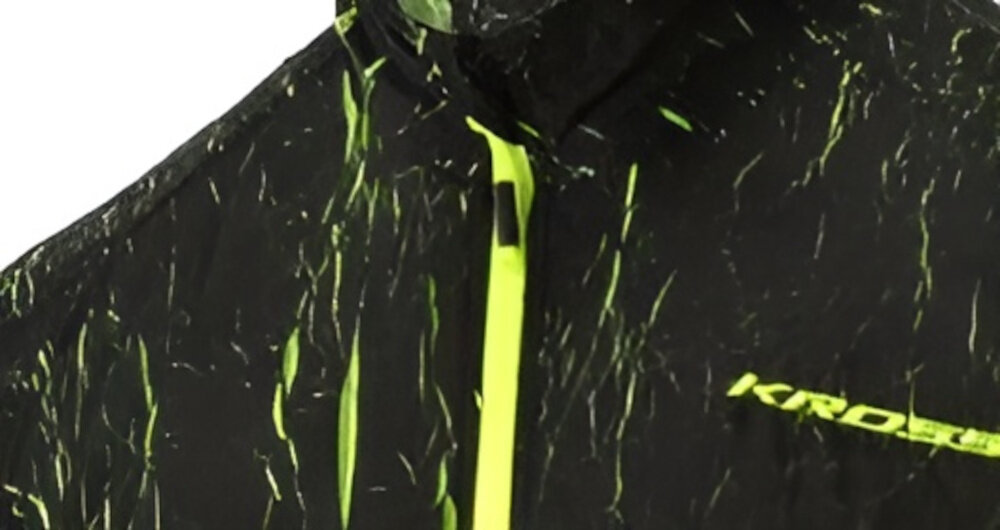 Kurtka rowerowa KROSS Ether (rozmiar M) Czarno-zielony zbliżenie na zamek silikonowa taśma w pasie komfort materiał pozostaje na miejscu zapięcie na zamek błyskawiczny obwód klatki piersiowej 110-113 cm obwód talii 98-101 cm
