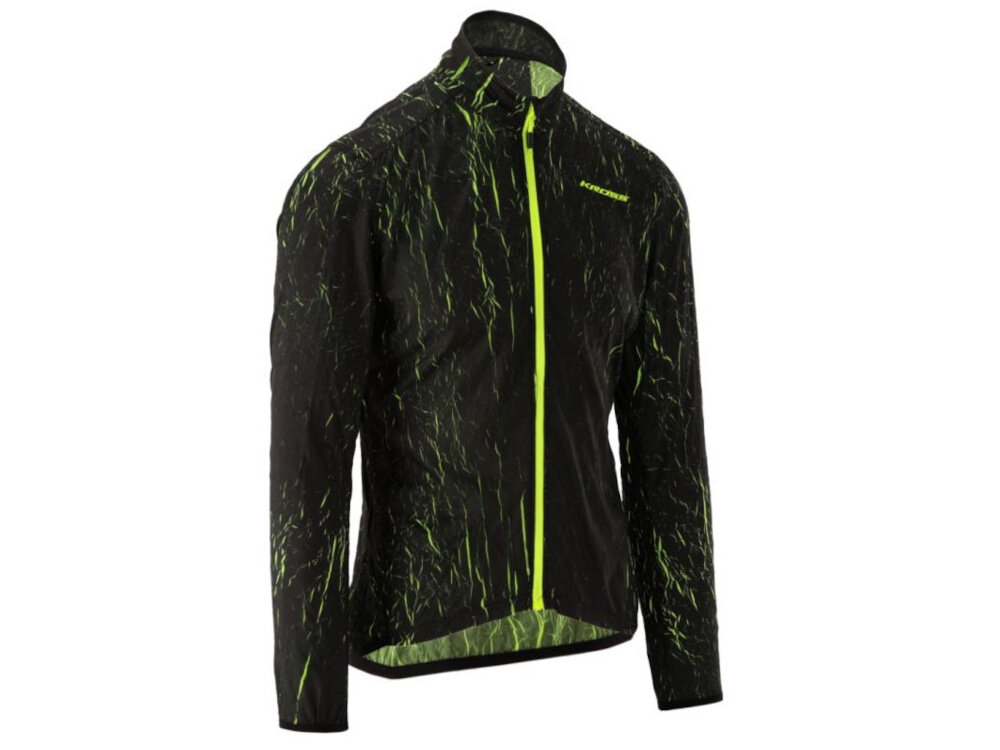 Kurtka rowerowa KROSS Ether (rozmiar S) Czarno-zielony kurtka na białym tle widoczna od przodu pod skosem pełen komfort na wiosnę lato i jesień materiał wiatroszczelny ochrona przed podmuchami wiatru