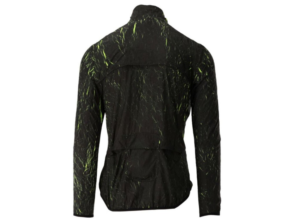 Kurtka rowerowa KROSS Ether (rozmiar S) Czarno-zielony kurtka na białym tle widoczna od tyłu poliestrowa odpowiednia lekkość waga 104 g chroni przed wychłodzeniem w chłodniejsze dni elastyczne wykończenia przy nadgarstkach