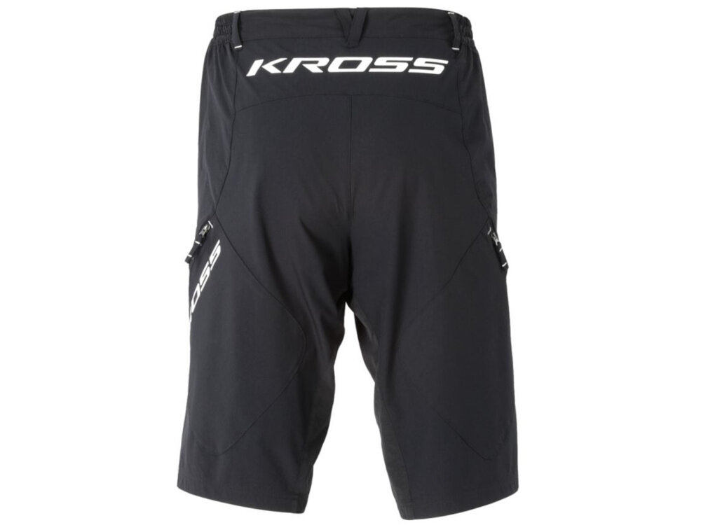 Spodenki rowerowe KROSS Enduro Jekyll (rozmiar S) Czarny spodenki na białym tle widoczne od tyłu luźny krój maksymalny komfort naturalny zakres ruchu większa kontrola nad rowerem materiał nie przylega nadmiernie do ciała poprawia przewiewność zapobiega przegrzewaniu się
