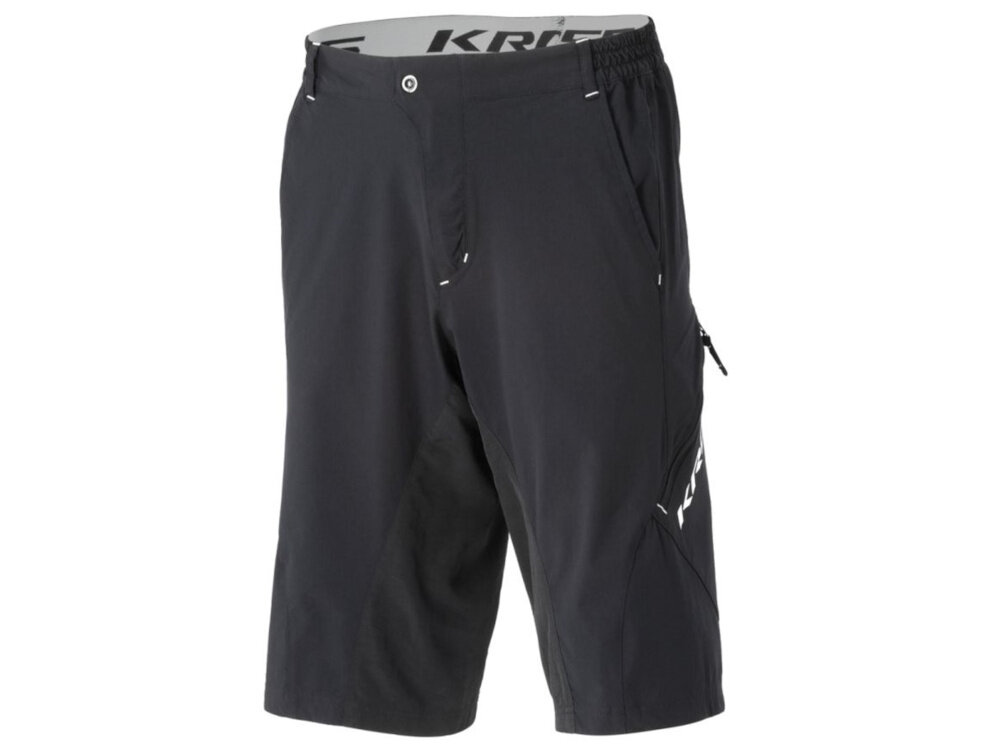 Spodenki rowerowe KROSS Enduro Jekyll (rozmiar M) Czarny spodenki na białym tle widoczne od przodu pod skosem dla miłośników jazdy terenowej wygoda trwałość funkcjonalność do zjazdów MTB i wypraw gravelowych dopracowany krój lekkie materiały pełna swoboda ruchów