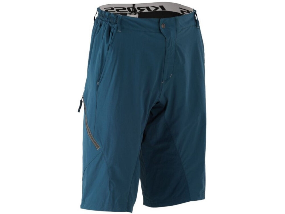 Spodenki rowerowe KROSS Enduro Jekyll (rozmiar S) Niebieski spodenki na białym tle widoczne od przodu pod skosem dla miłośników jazdy terenowej wygoda trwałość funkcjonalność do zjazdów MTB i wypraw gravelowych dopracowany krój lekkie materiały pełna swoboda ruchów