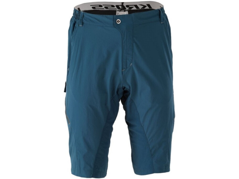 Spodenki rowerowe KROSS Enduro Jekyll (rozmiar L) Niebieski spodenki na białym tle widoczne od przodu funkcjonalność komfort swoboda