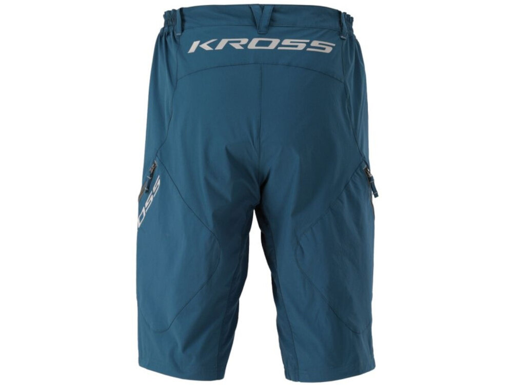 Spodenki rowerowe KROSS Enduro Jekyll (rozmiar L) Niebieski spodenki na białym tle widoczne od tyłu luźny krój maksymalny komfort naturalny zakres ruchu większa kontrola nad rowerem materiał nie przylega nadmiernie do ciała poprawia przewiewność zapobiega przegrzewaniu się