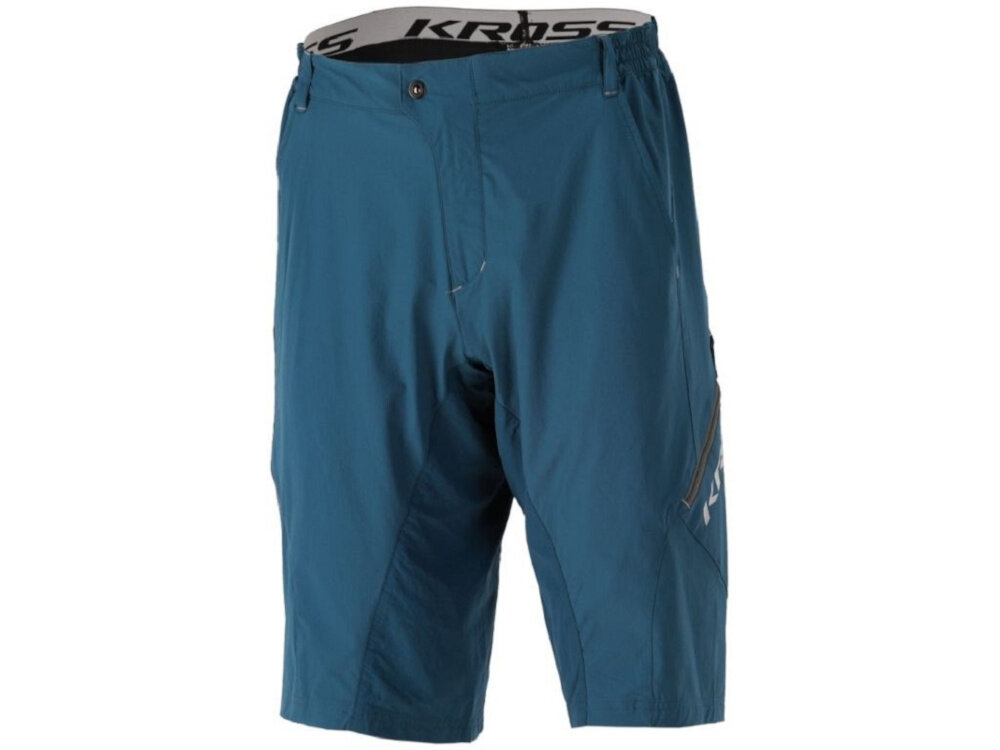 Spodenki rowerowe KROSS Enduro Jekyll (rozmiar L) Niebieski spodenki na białym tle widoczne od przodu pod skosem wewnętrzna wkładka 3D z funkcją odprowadzania wilgoci ochrona przed otarciami redukuje ucisk w kluczowych punktach można w prosty sposób wypiąć