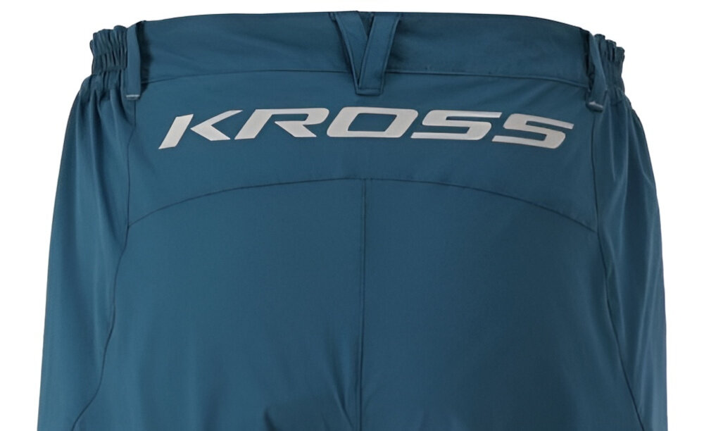 Spodenki rowerowe KROSS Enduro Jekyll (rozmiar L) Niebieski spodenki na białym tle widoczne od tyłu zbliżenie na logo biały napis KROSS chronią przed otarciami i przegrzaniem przewiewność swoboda w rozmiarze L dla osób o obwodzie talii 84-85 cm obwód bioder 106-109 cm udo 37 cm optymalne dopasowanie do ciała stabilność nawet przy dynamicznych ruchach