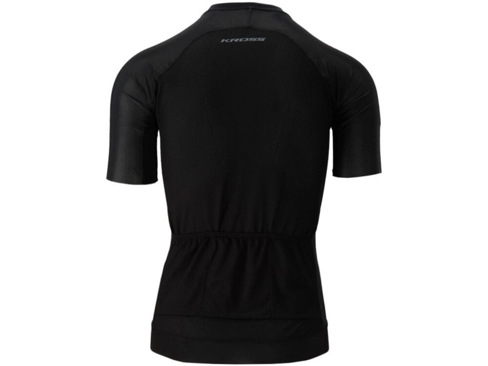 Koszulka rowerowa KROSS Pro Light (rozmiar S) Czarny koszulka na białym tle widoczna od tyłu lekko dopasowana komfort jazdy ogranicza nadmierne przesuwanie się materiału elastan oferuje elastyczność stabilność i wygoda dla osób o wzroście 160-168 cm obwód klatki piersiowej 86-89 cm obwód talii 67-70 cm obwód bioder 95-98 cm