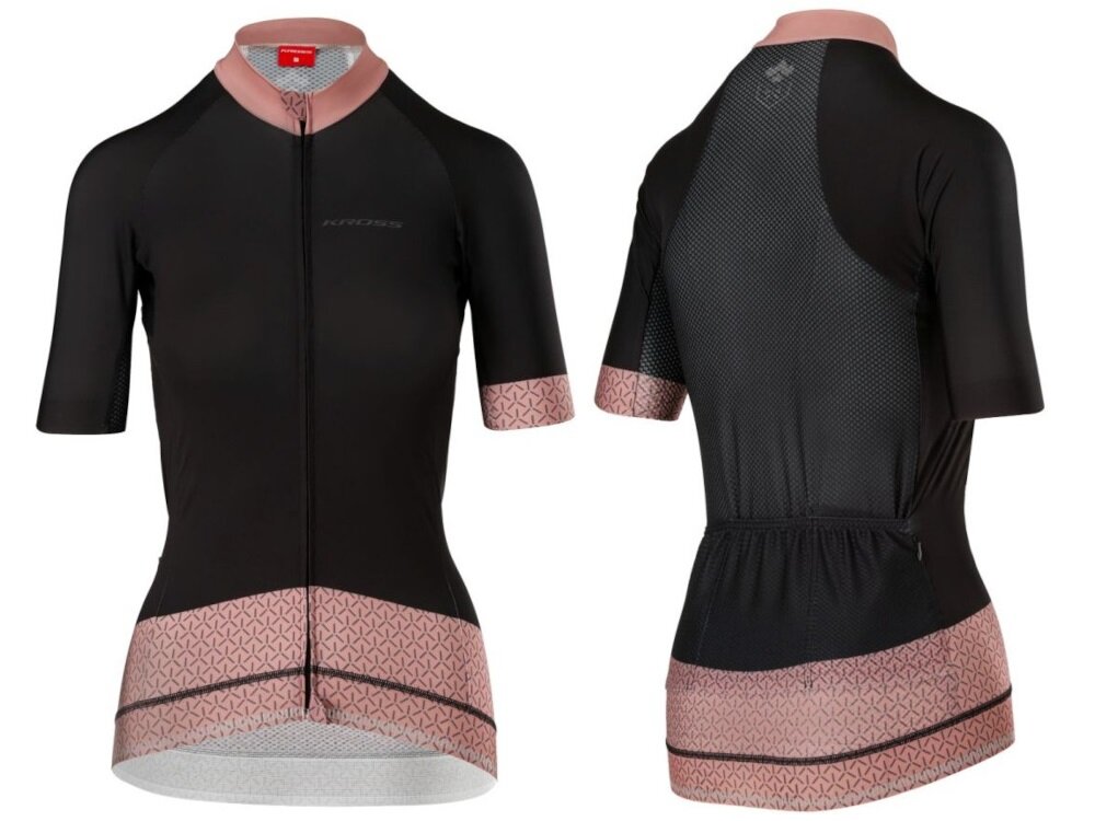 Koszulka rowerowa KROSS Flow Lady 2.0 rozmiar M Czarno-różowy koszulka w dwóch ujęciach od przodu i od tyłu pod skosem białe tło do codziennych treningów i weekendowych wypadów za miasto praktyczne detale staranne wykończenie komfort użytkowania wygoda i bezpieczeństwo
