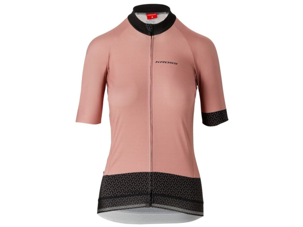 Koszulka rowerowa KROSS Flow Lady 2.0 rozmiar M Różowo-czarny koszulka na białym tle widoczna od przodu komfort funkcjonalność praktyczne rozwiązania na trening i dłuższą wyprawę