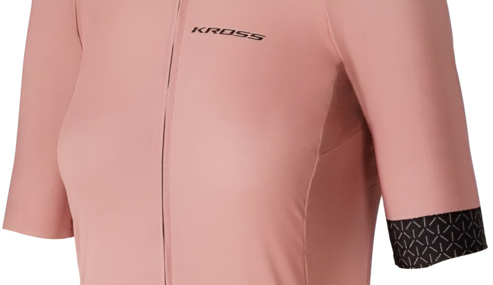 Koszulka rowerowa KROSS Flow Lady 2.0 rozmiar M Różowo-czarny przód koszulki zbliżenie na rękawek laserowo cięte rękawki zakończono silikonowym gripem utrzymuje je na miejscu wygoda eliminuje ryzyko zsuwania się materiału w rozmiarze M wzrost 166–170 cm obwód klatki piersiowej 90–93 cm obwód talii 71–74 cm obwód w biodrach 99–102 cm