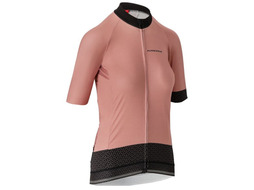 Koszulka rowerowa KROSS Flow Lady 2.0 rozmiar M Różowo-czarny koszulka widoczna od przodu pod skosem białe tło do codziennych treningów i weekendowych wypadów za miasto praktyczne detale staranne wykończenie komfort użytkowania wygoda i bezpieczeństwo