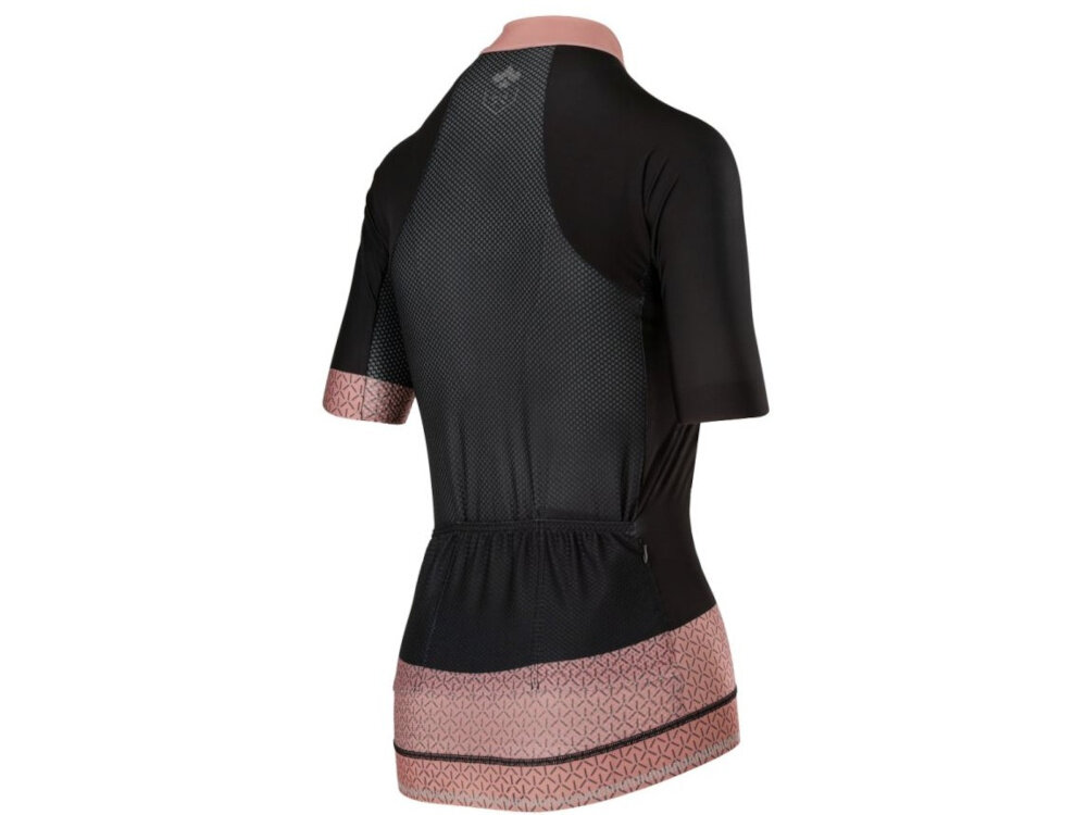Koszulka rowerowa KROSS Flow Lady 2.0 rozmiar XS Czarno-różowy koszulka na białym tle widoczna od tyłu pod skosem silikonowe wykończenia w dolnej części koszulki zapobiegają podwijaniu swoboda i wygoda bez ciągłego poprawiania odzieży