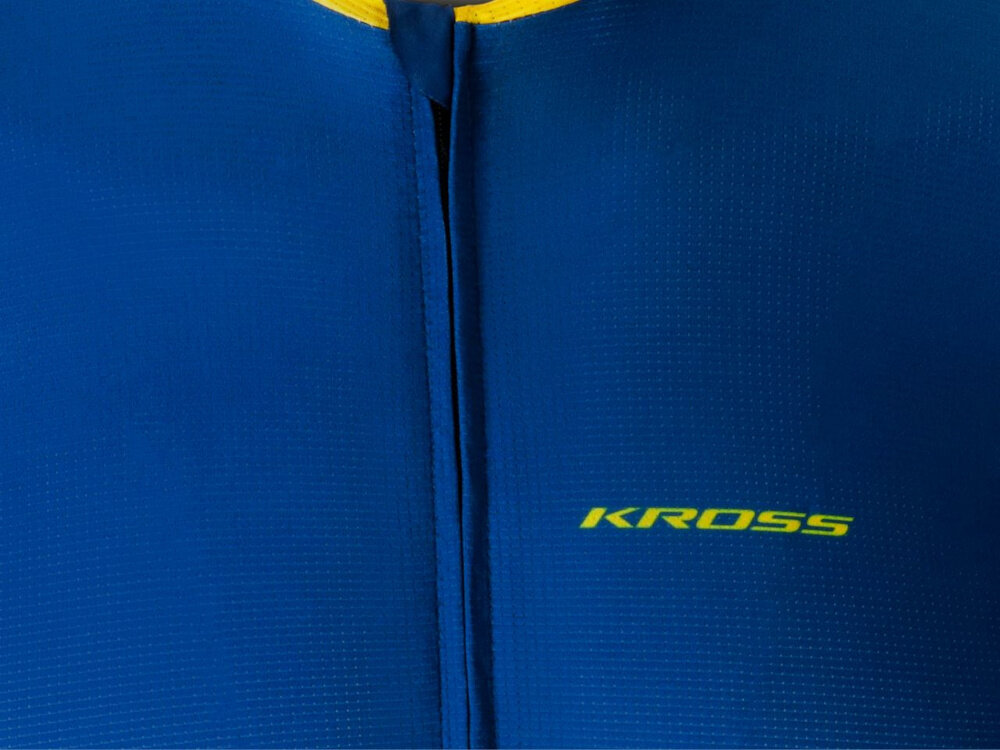 Koszulka rowerowa KROSS Gravel Vojago JRS (rozmiar L) Niebieski zbliżenie na zamek i garaże zamek główny z funkcją auto lock ułatwia regulowanie przepływu powietrza garaże na jego górze i dole chronią skórę przed podrażnieniem ochrona przed uszkodzeniem w miejscu łączenia materiałów