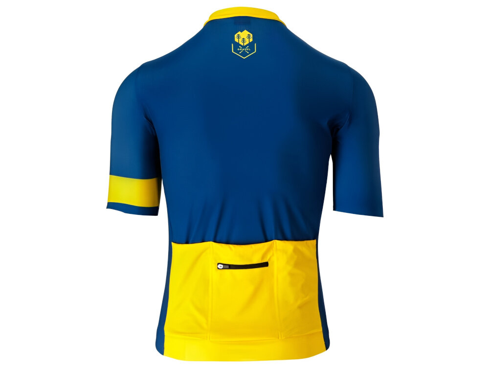 Koszulka rowerowa KROSS Gravel Vojago JRS (rozmiar M) Niebieski koszulka na białym tle widoczna od tyłu tył koszulki wykonano z ażurowej tkaniny bardzo szybkie odprowadzanie wilgoci wspiera cyrkulację powietrza pomaga utrzymać uczucie suchości wygoda swoboda ruchów