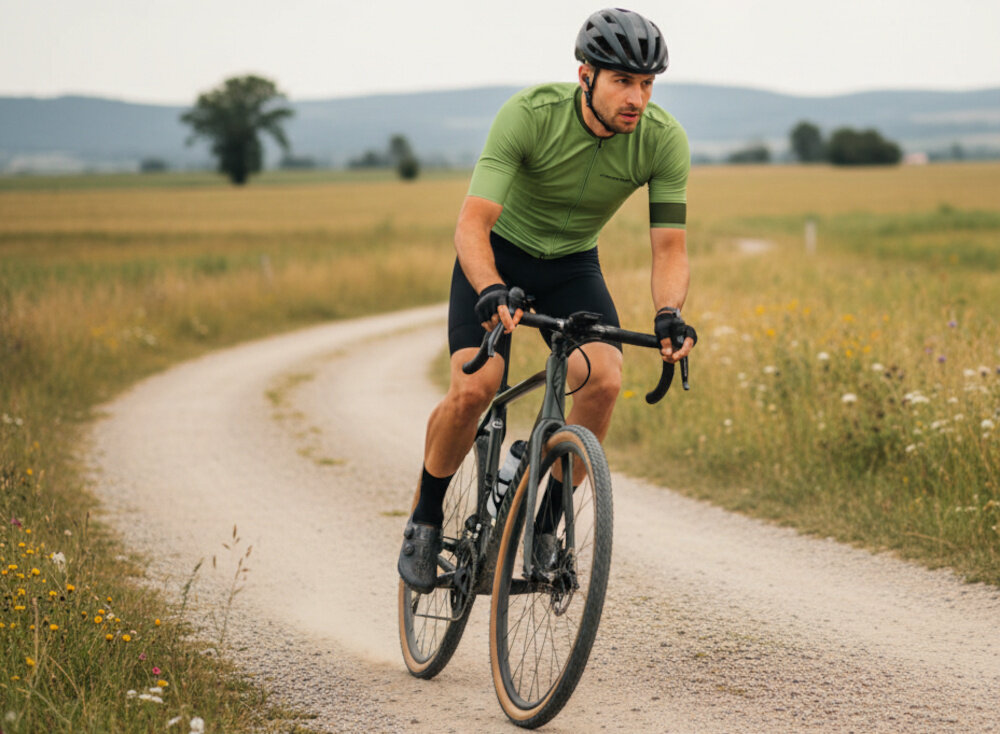 Koszulka rowerowa KROSS Gravel Vojago JRS (rozmiar S) Zielony droga pole osoba jedzie na rowerze ma na sobie koszulkę aktywność jazda na rowerze odzież sportowa