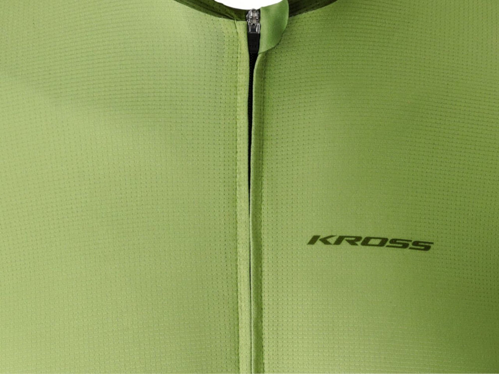 Koszulka rowerowa KROSS Gravel Vojago JRS (rozmiar XL) Zielony zbliżenie na zamek i garaże zamek główny z funkcją auto lock ułatwia regulowanie przepływu powietrza garaże na jego górze i dole chronią skórę przed podrażnieniem ochrona przed uszkodzeniem w miejscu łączenia materiałów