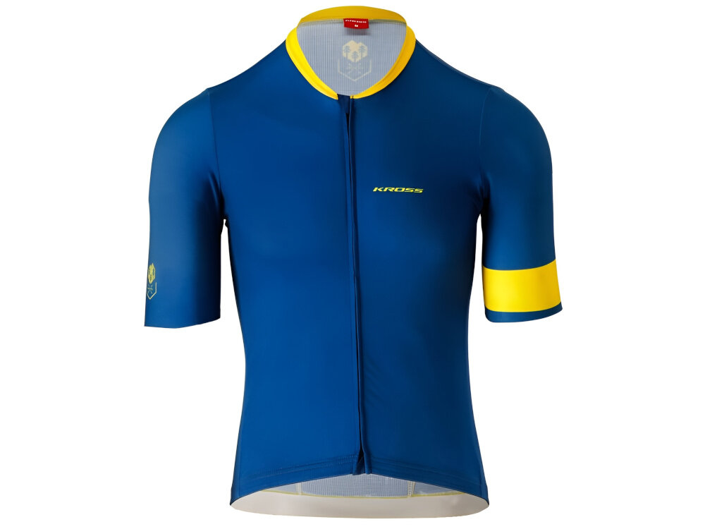 Koszulka rowerowa KROSS Gravel Vojago JRS (rozmiar XL) Niebieski koszulka na białym tle widoczna od przodu połączenie poliestru i elastanu elastyczność przyjemny kontakt ze skórą tkanina wyposażona w filtr UV +50 ogranicza wpływ promieni słonecznych skóra jest dobrze chroniona