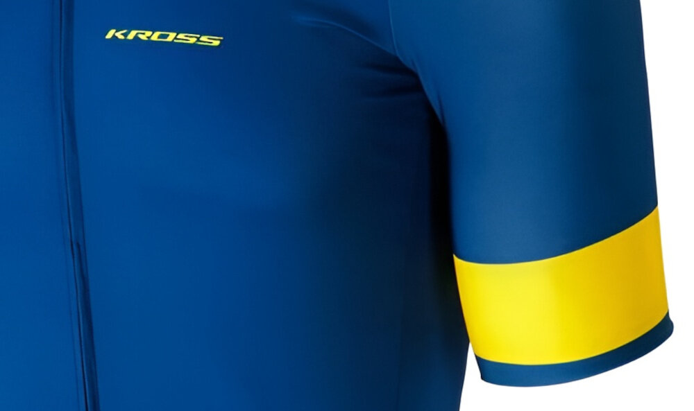 Koszulka rowerowa KROSS Gravel Vojago JRS (rozmiar XL) Niebieski zbliżenie na rękawek laserowo cięte rękawki wykończono silikonowym gripem stabilizuje ich ułożenie komfort podczas dynamicznej jazdy równomierne przyleganie koszulki do ciała pełna swoboda ramion