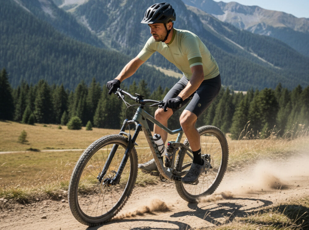 Koszulka rowerowa KROSS Gravel Vojago JRS (rozmiar XXL) Beżowy droga pole osoba jedzie na rowerze ma na sobie koszulkę aktywność jazda na rowerze odzież sportowa