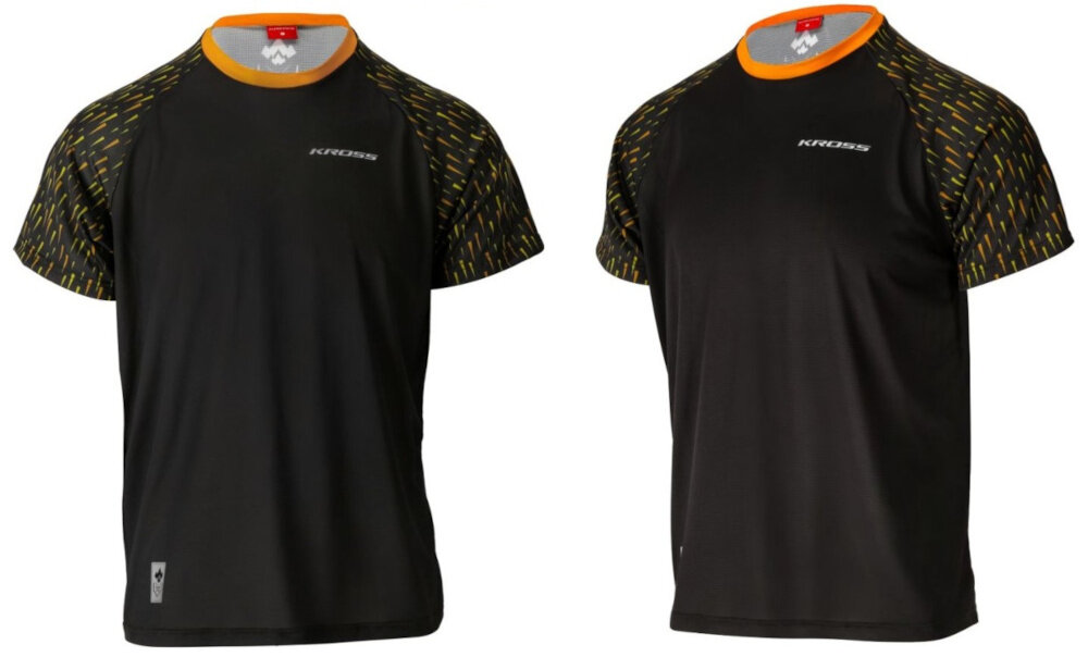 Koszulka rowerowa KROSS MTB Grundo rozmiar M Czarny koszulka w dwóch ujęciach na białym tle widoczna od przodu  i od przodu pod skosem dla pasjonatów rowerów komfort wygoda