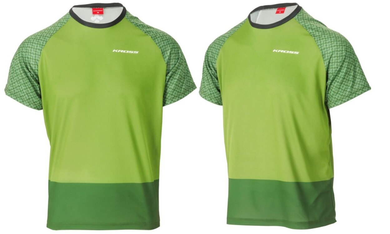 Koszulka rowerowa KROSS MTB Grundo rozmiar XXL Zielony koszulka w dwóch ujęciach na białym tle widoczna od przodu  i od przodu pod skosem dla pasjonatów rowerów komfort wygoda