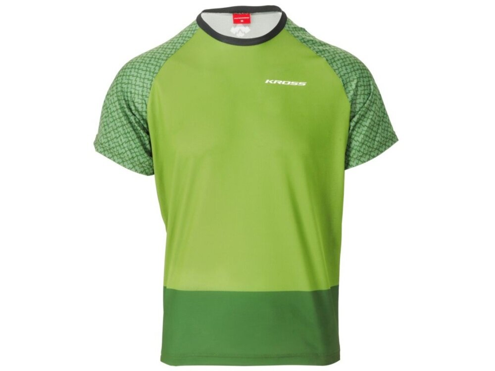 Koszulka rowerowa KROSS MTB Grundo rozmiar XXL Zielony koszulka na białym tle widoczna od przodu pełna swoboda podczas pedałowania skrętów i zmian pozycji brak ucisku na ramionach i tułowiu dla rowerzystów MTB naturalny zakres ruchów