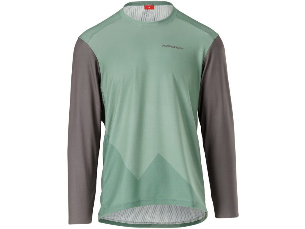 Koszulka rowerowa KROSS Veturo JRS rozmiar M Zielono-szary koszulka na białym tle widoczna od przodu funkcjonalność swoboda ruchów ochrona przed słońcem