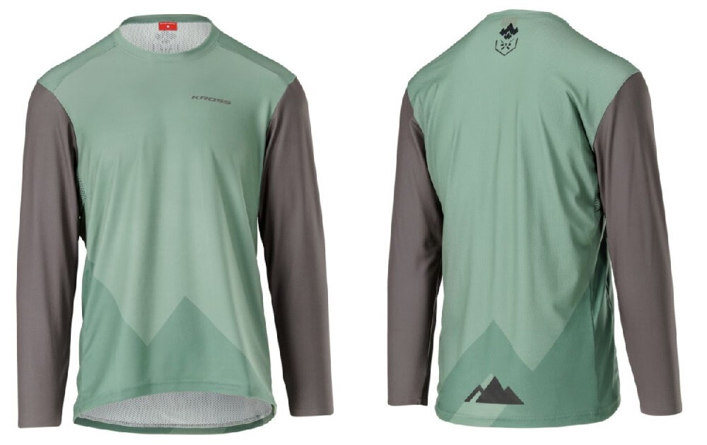 Koszulka rowerowa KROSS Veturo JRS rozmiar M Zielono-szary koszulka w dwóch ujęciach widoczna od tyłu i od przodu na białym tle luźny krój nie ogranicza ruchów współpracuje z ochraniaczami lub plecakiem zakładanie koszulki przez głowę