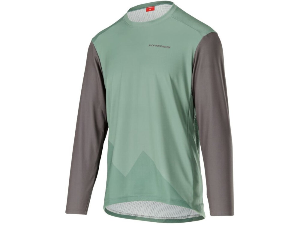 Koszulka rowerowa KROSS Veturo JRS rozmiar XL Zielono-szary koszulka na białym tle widoczna od przodu pod skosem dla użytkowników rowerów zakładanie przez głowę pełna swoboda ruchu z długim rękawem w rozmiarze XL dla użytkowników o wzroście 174–180 cm obwodzie klatki piersiowej 98-101 cm talii 79-82 cm biodrach 108-112 cm