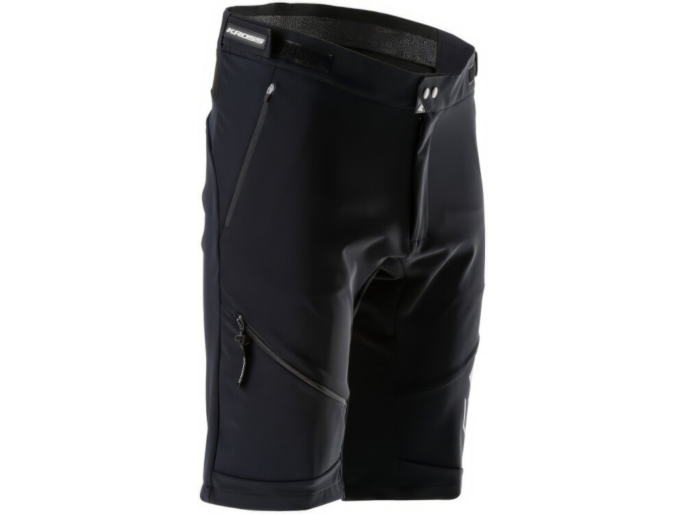Spodenki rowerowe KROSS MTB Grundo (rozmiar M) Czarny spodenki na białym tle widoczne od przodu pod skosem wygoda i swoboda ruchów z lekkiej wytrzymałej tkaninie technicznej z poliestru i elastanu dopasowują się do sylwetki nie krępując nóg odporne na przetarcia