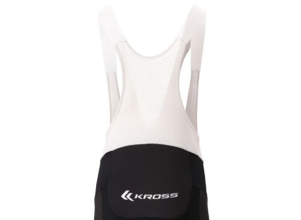 Spodenki rowerowe KROSS Orlen Cycling Team Replika (rozmiar S) Czarno-biały zbliżenie na siatkę na plecach widok z tyłu siatka umieszczona na plecach ułatwia cyrkulację powietrza i poprawia odprowadzanie wilgoci spodenki zachowują lekkość i przewiewność dla osób o obwodzie klatki w zakresie 84-89 cm