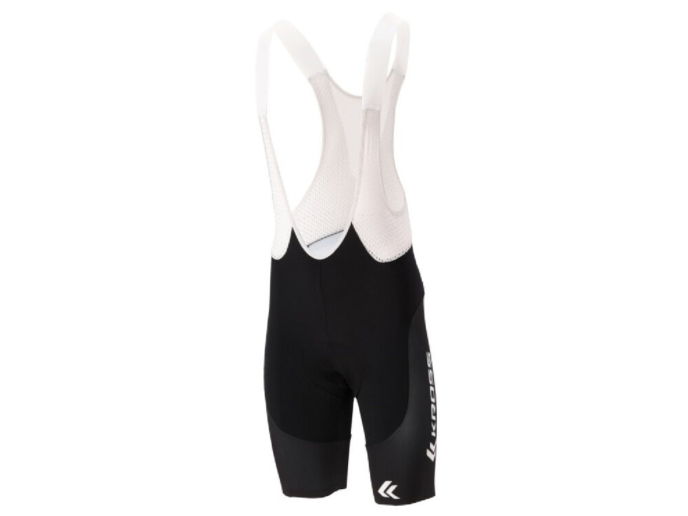 Spodenki rowerowe KROSS Orlen Cycling Team Replika (rozmiar S) Czarno-biały spodenki na białym tle widoczne od przodu pod skosem elastyczna konstrukcja z szelkami pełna swoboda ruchów i stabilność odzieży brak ucisku w pasie i równomierne rozłożenie napięcia materiału komfort i funkcjonalność dla osób o obwodzie talii w zakresie 74-77 cm obwodzie bioder w zakresie 84-89 cm