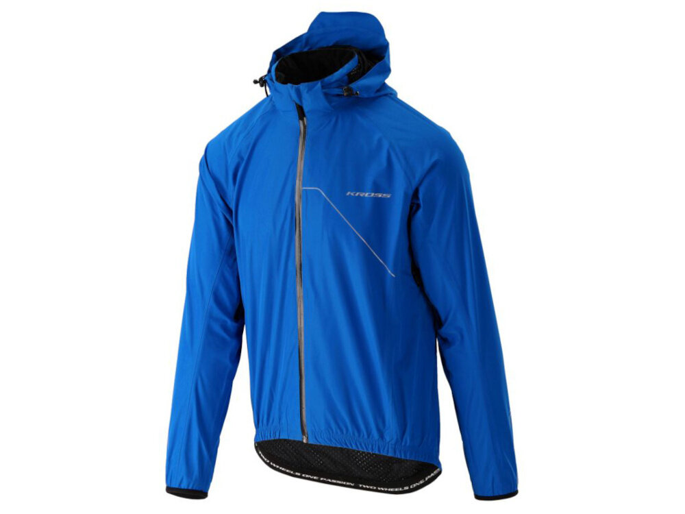 Kurtka rowerowa KROSS Hardshell Rainy (rozmiar S) Niebieski kurtka na białym tle widoczna od przodu pod skosem do użytku w sezonach wiosennym letnim i jesiennym przy zmiennej pogodzie całorocznie wszechstronność komfort ochrona