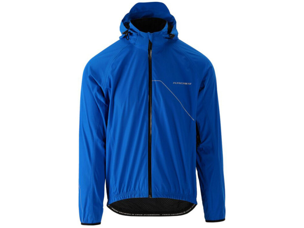 Kurtka rowerowa KROSS Hardshell Rainy (rozmiar S) Niebieski kurtka na białym tle widoczna od przodu wydłużany krój tylnej części kurtki chroni przed wodą unoszoną przez tylne koło roweru komfort utrzymuje odzież i ciało w suchości długie rękawy o długości 91 cm swoboda ruchów poprawia aerodynamikę utrzymuje kurtkę stabilnie na ciele