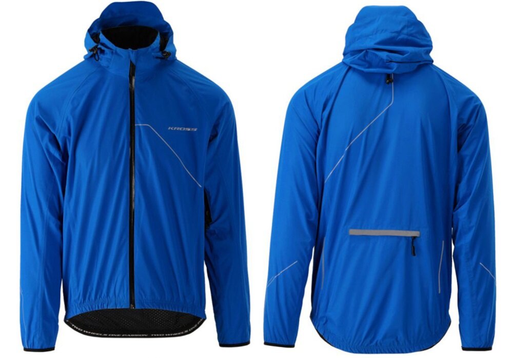 Kurtka rowerowa KROSS Hardshell Rainy (rozmiar XXL) Niebieski białe tło kurtka widoczna w dwóch ujęciach od przodu i od tyłu wygodna wszechstronna na każdą pogodę