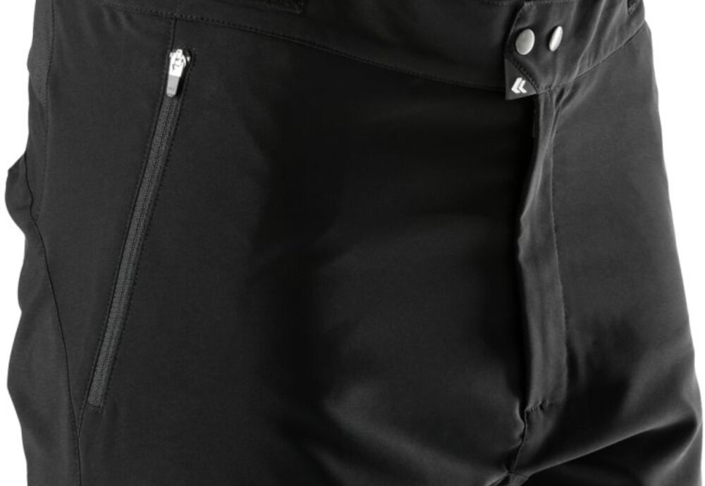 Spodenki rowerowe KROSS MTB Veturo (rozmiar L) Czarny zbliżenie na boczną kieszeń dwie przednie kieszenie na zamek dodatkowa siateczkowa kieszonka na prawym udzie wygodne przechowywanie drobnych przedmiotów