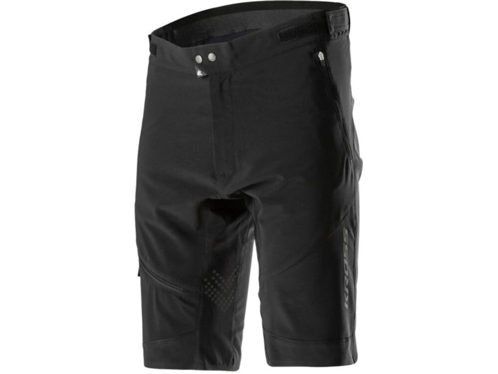 Spodenki rowerowe KROSS MTB Veturo (rozmiar M) Czarny spodenki na białym tle widoczne od przodu pod skosem funkcjonalność mobilność komfort jazda na rowerze