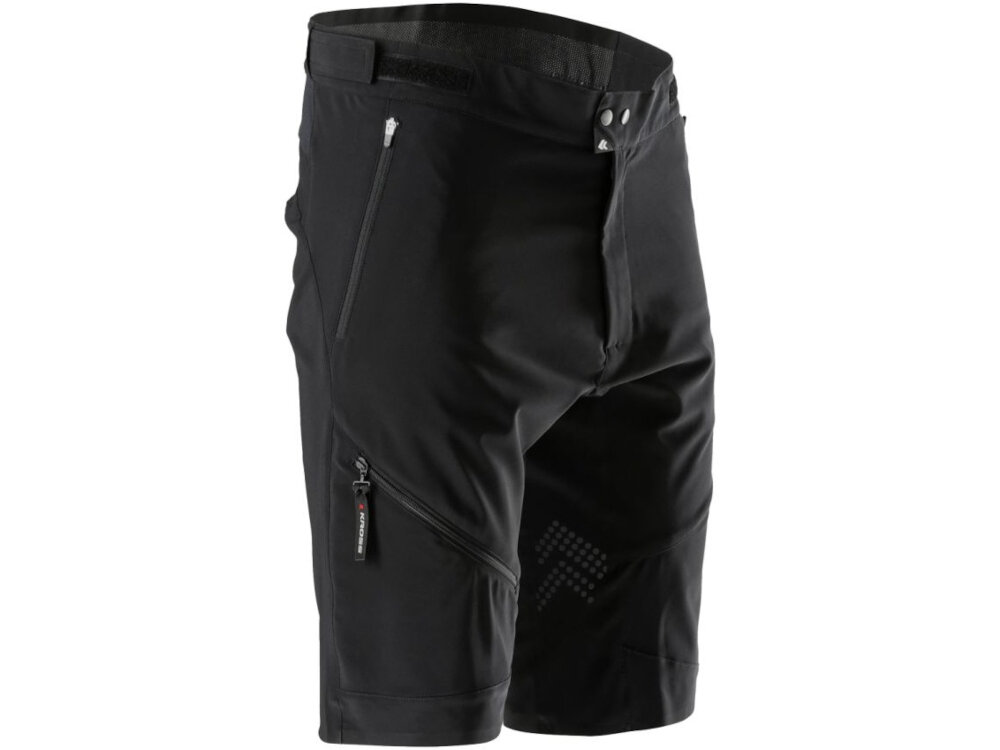 Spodenki rowerowe KROSS MTB Veturo (rozmiar M) Czarny spodenki na białym tle widoczne od przodu pod skosem z wysokiej jakości poliestru z elastanem wytrzymałość materiał nie ogranicza ruchów odporność na przetarcia