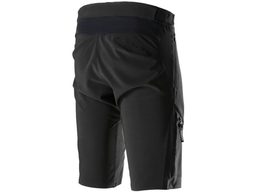 Spodenki rowerowe KROSS MTB Veturo (rozmiar M) Czarny spodenki na białym tle widoczne od tyłu pod skosem z wytrzymałego materiału regulacja pasa praktyczne kieszenie systemu wentylacji funkcjonalne i komfortowe wygoda swoboda ruchów możliwość dłuższych treningów materiał odpycha drobne cząsteczki wody suchość podczas jazdy w lekkim deszczu po mokrej nawierzchni