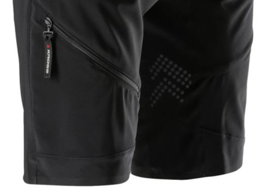 Spodenki rowerowe KROSS MTB Veturo (rozmiar XL) Czarny zbliżenie na nogawki dół spodenek wykonany w technologii bonding klejenie bezszwowe zmniejsza ryzyko otarć i podrażnień skóry w rozmiarze XL dla osób o wzroście 174-180 cm