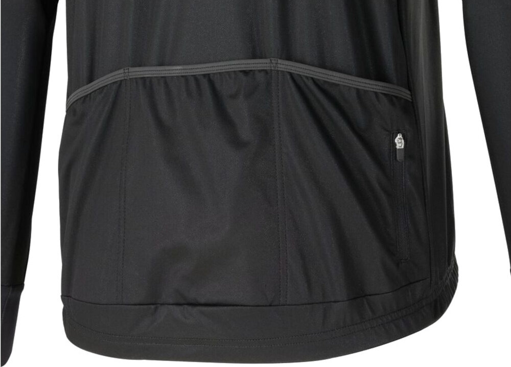 Kurtka rowerowa KROSS Arbaro (rozmiar L) Czarny kurtka na białym tle widoczna od tyłu zbliżenie na kieszenie trzy kieszenie w tym jedna na zamek do przechowywania specjalne „garaże” na górze i dole zamka chronią suwaki przed przypadkowym otwarciem komfort użytkowania łatwy dostęp do rzeczy