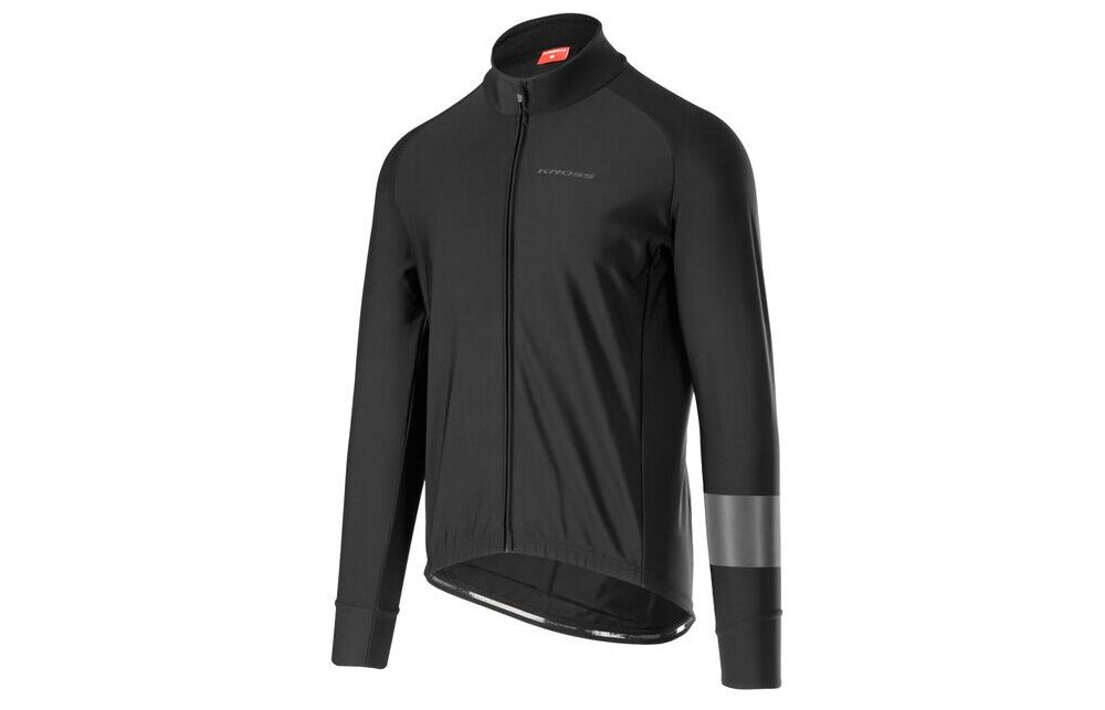 Kurtka rowerowa KROSS Vojago (rozmiar L) Czarny kurtka na białym tle widoczna od przodu pod skosem na wiosenne i jesienne przejażdżki rowerowe ochrona przed wiatrem i deszczem odpowiednia wentylacja lekka elastyczna konstrukcja swoboda ruchu bezpieczeństwo