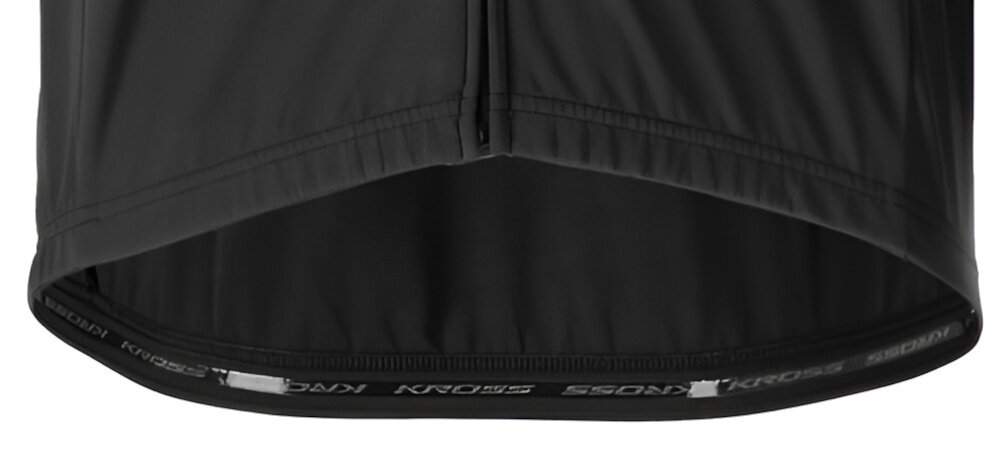 Kurtka rowerowa KROSS Vojago (rozmiar M) Czarny zbliżenie na przedłużony tył białe tło dopasowany krój z przedłużonym tyłem ochrona dolnej części pleców elastyczne mankiety długie rękawy o długości 76 cm swoboda ruchów dopasowanie poprawia aerodynamikę utrzymuje kurtkę stabilnie