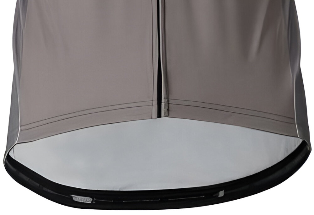 Kurtka rowerowa KROSS Foret (rozmiar XL) Szary zbliżenie na dół kurtki widoczny tylny panel przedłużony tylny panel ergonomiczny krój lepsza ochrona pleców ogranicza przewiewanie i zwiększa komfort termiczny stabilność odzieży w trakcie dynamicznej jazdy i ruchów ramion