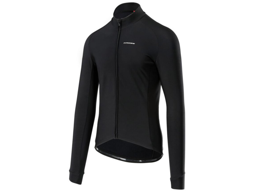 Kurtka rowerowa KROSS Grundo (rozmiar XL) Czarny kurtka na białym tle widoczna od przodu pod skosem lekko ocieplana komfort termiczny na wiosnę i jesień ochrona przed chłodem wiatrem i lekkim deszczem wygoda noszenia swoboda ruchów