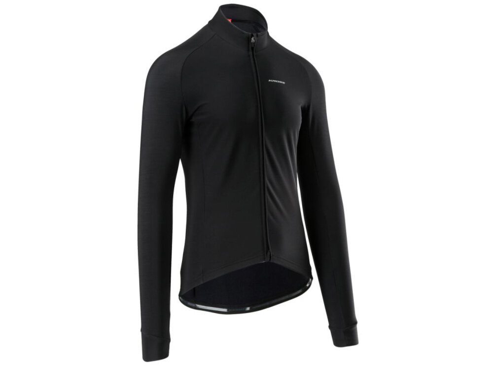 Kurtka rowerowa KROSS Grundo (rozmiar XL) Czarny kurtka na białym tle widoczna od przodu pod skosem z połączenia poliestru i elastanu zabezpiecza przed wiatrem i lekkim deszczem odprowadza wilgoć elastyczna tkanina dopasowuje się do sylwetki