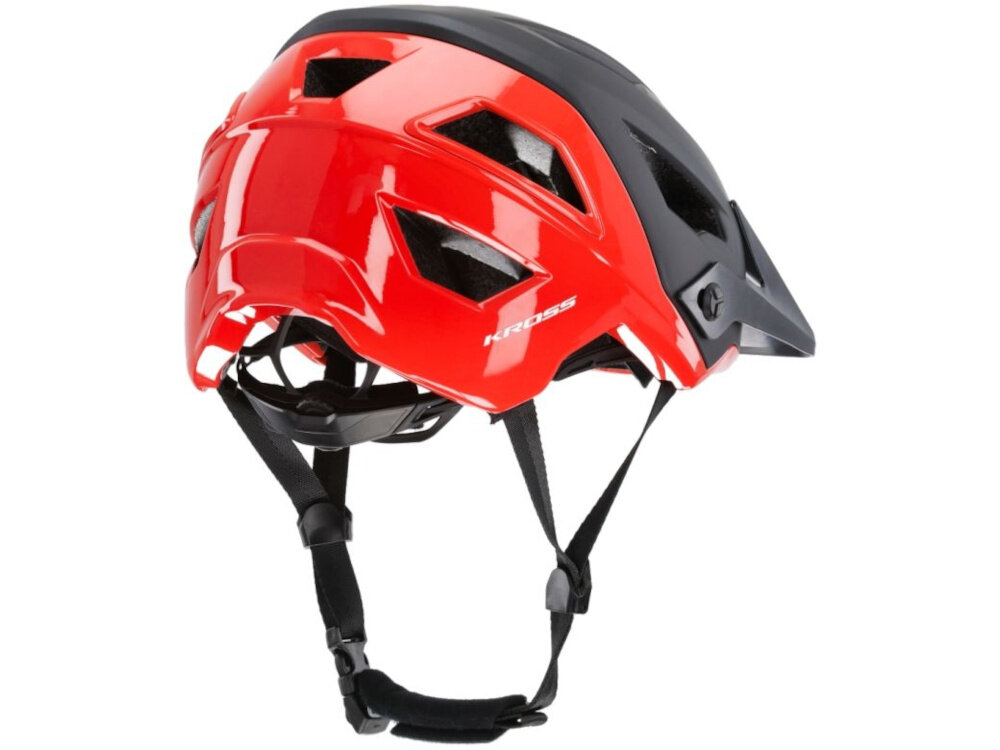 Kask rowerowy KROSS Saltare Czarny MTB (rozmiar L) kask na białym tle widoczny od tyłu pod skosem homologacja EN 1078:2012+A1:2012 i NF EN 1078+A1:2013 zgodność z obowiązującymi standardami bezpieczeństwa sprzęt chroni głowę zgodnie z międzynarodowymi wymogami