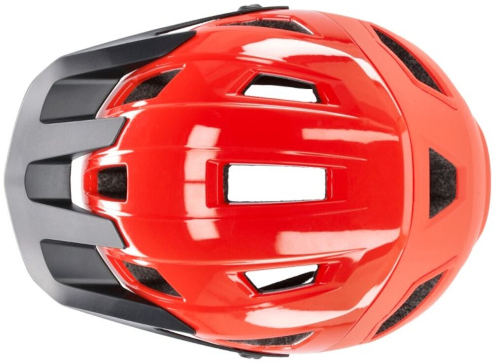 Kask rowerowy KROSS Saltare Czerwony MTB (rozmiar M) kask na białym tle widoczny z góry technologia double Inmold wytrzymała skorupa ABS lekki wkład EPS wysoka odporność na uderzenia niska wagi około 320 g redukuje nacisk na głowę