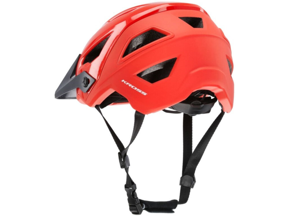 Kask rowerowy KROSS Saltare Czerwony MTB (rozmiar M) kask na białym tle widoczny od tyłu pod skosem regulacja rozmiaru 54-58 cm regulowane paski można dopasować kask do indywidualnych potrzeb użytkownika stabilne mocowanie bezpieczeństwo i komfort w rozmiarze M